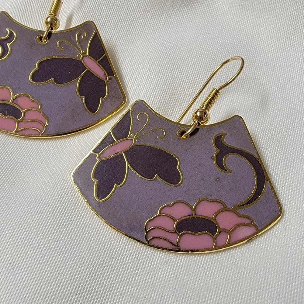 Vintage Samuel Huang Cloisonne Gold Filled Earrings Butterfly and flower